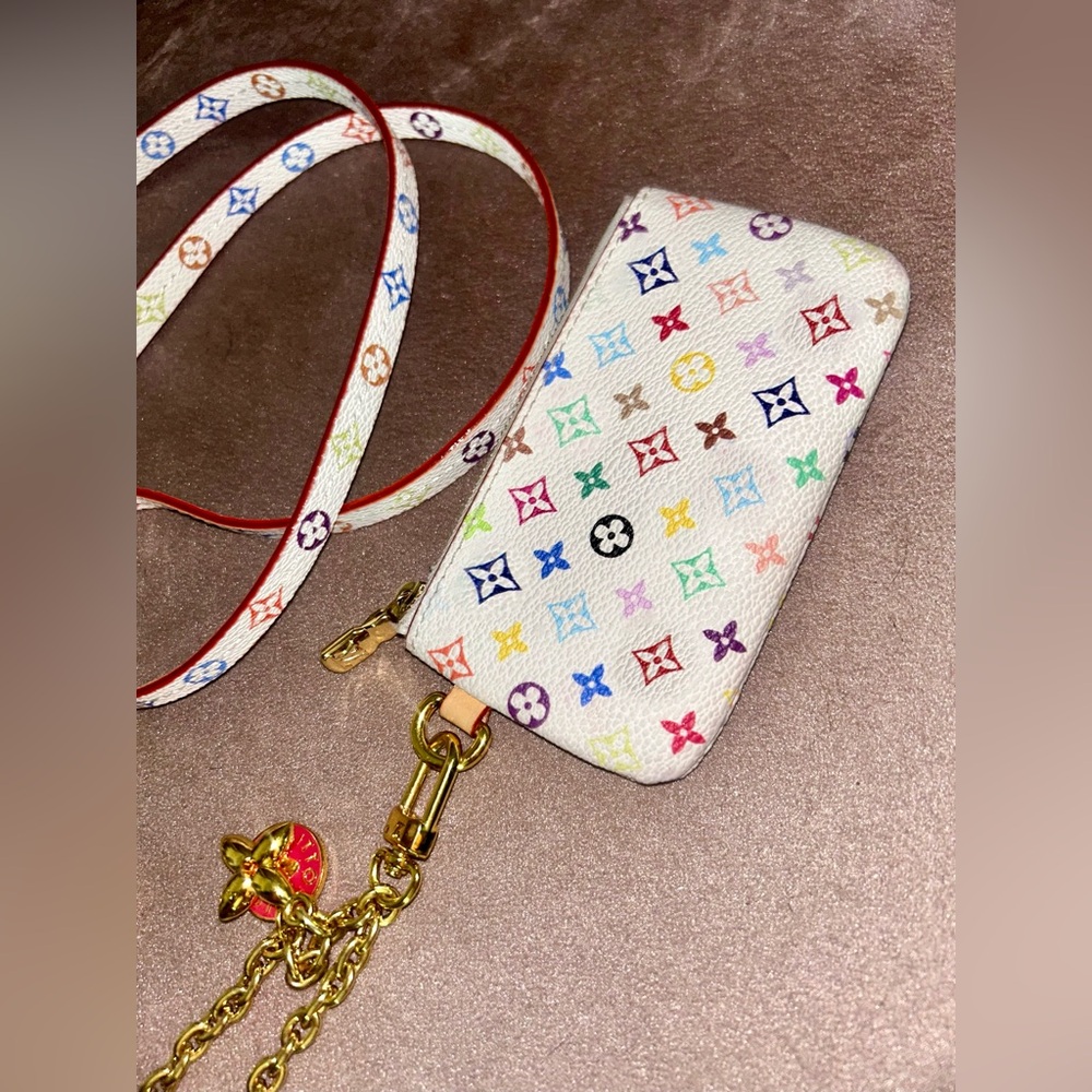 White Multicolor Key Pouch card monogram phone holder lanyard wristlet strap
